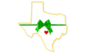 A map of Texas with a green bow and a red heart.
