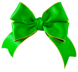 A green bow with gold trim on a white background