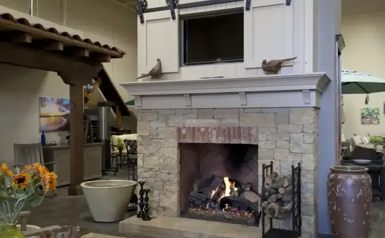 Fireplace with burning logs, stone facade, and mounted TV. Two bird statues sit on mantel.