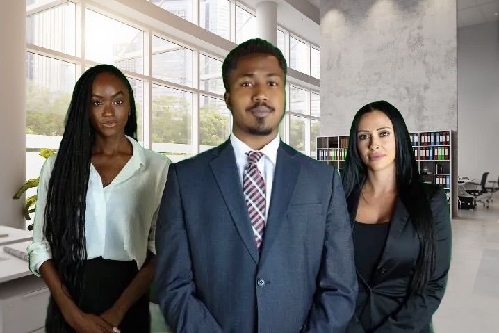 Three professionals in business attire stand together in an office setting.