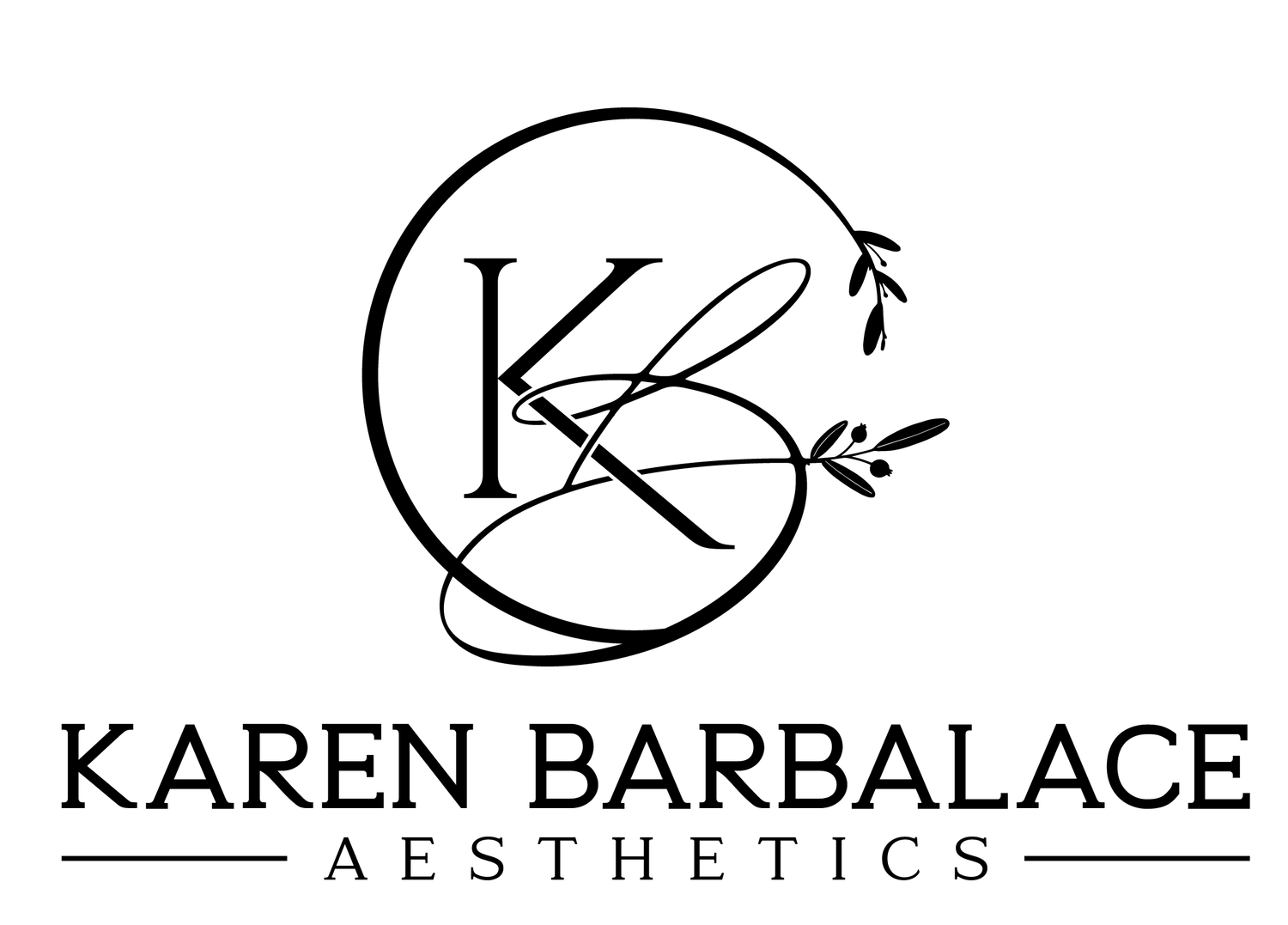 Logo for Karen Barbalace Aesthetics: "K" and "B" intertwined within a circle, with floral accents; text below.