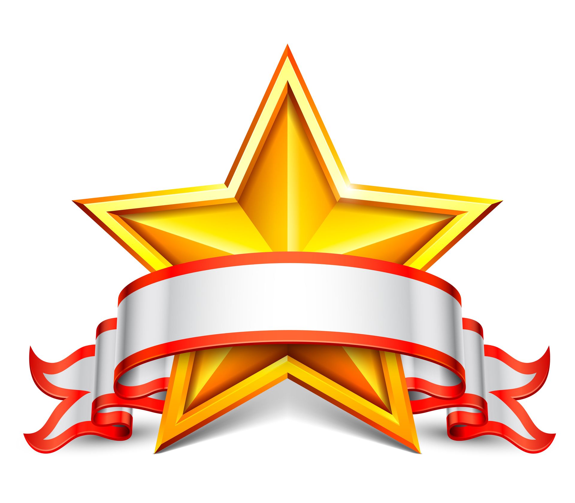 Gold star with a white ribbon banner and red accents on a transparent background
