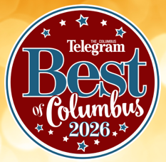 The Columbus Telegram Best of Columbus 2026 red award badge with stars