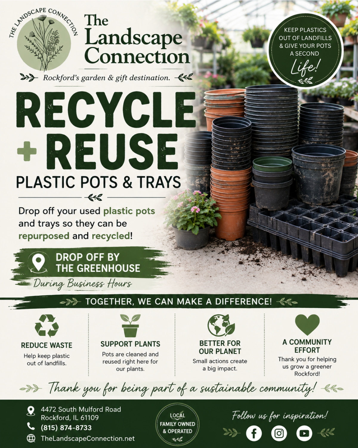 Sign promoting recycle and reuse of plastic pots and trays, with stacked pots in a greenhouse.