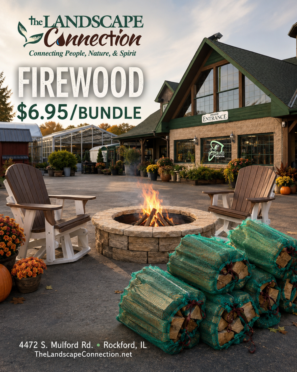 Firewood bundles for sale at The Landscape Connection in Rockford, IL, ideal for backyard fire pits, camping trips and cool-weather outdoor gatherings.