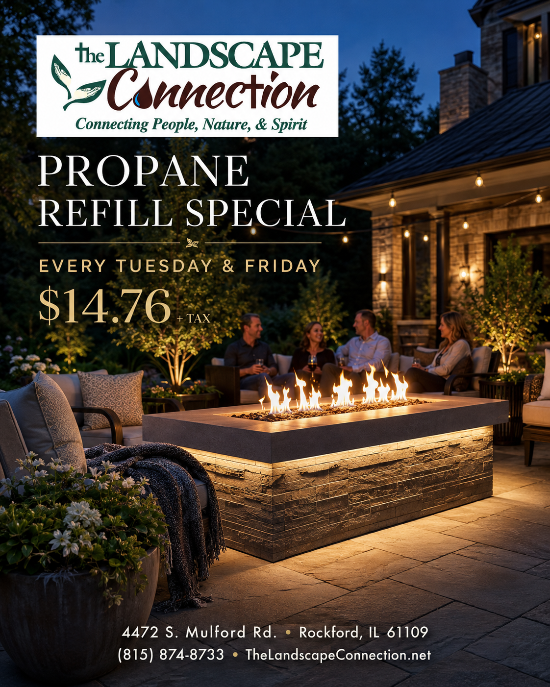 The Landscape Connection propane refill special in Rockford, IL, offering convenient grill tank refills for backyard cooking, camping and outdoor entertaining.