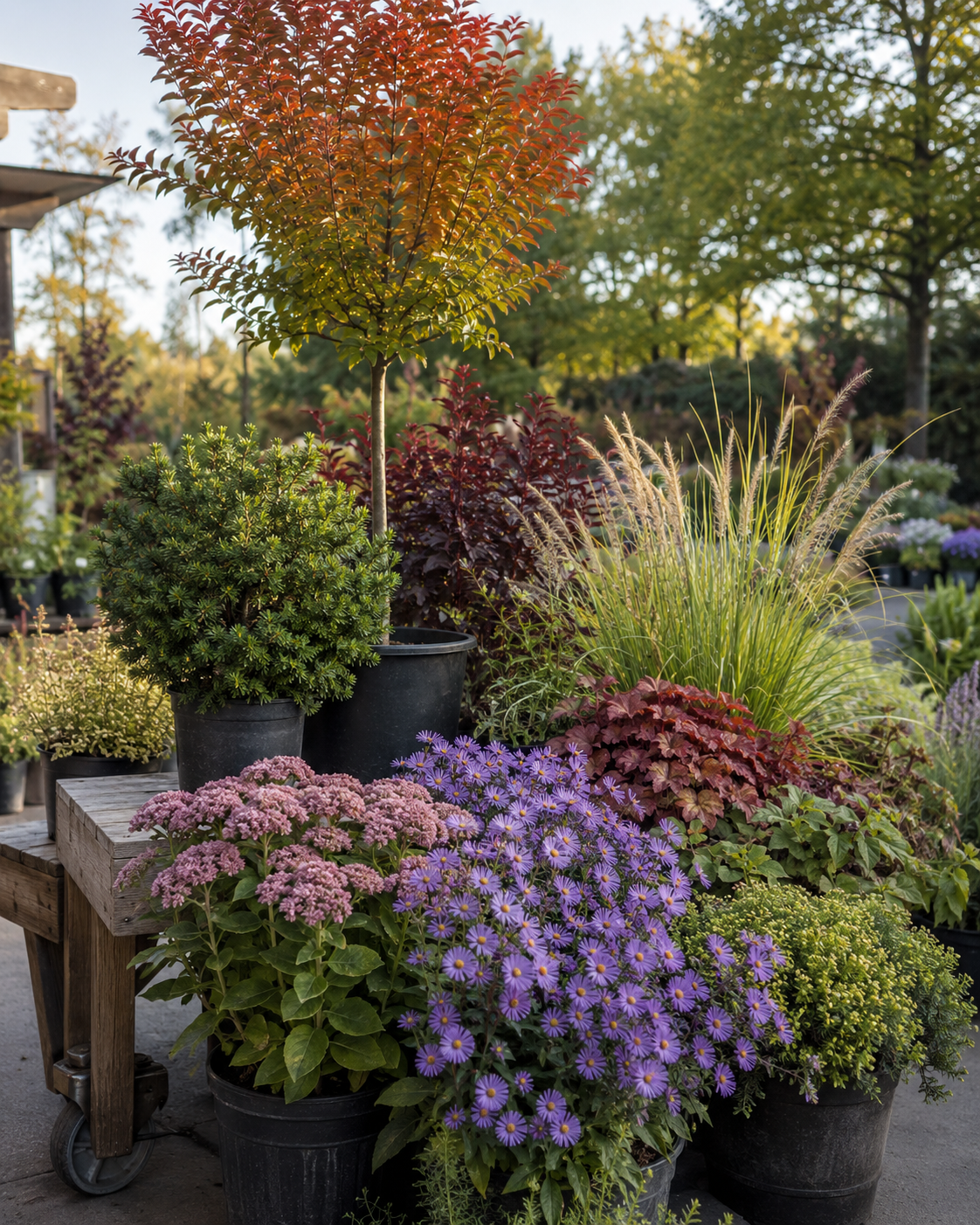 Young ornamental tree, evergreen shrub, asters, sedum and ornamental grasses displayed at a Northern Illinois garden center.