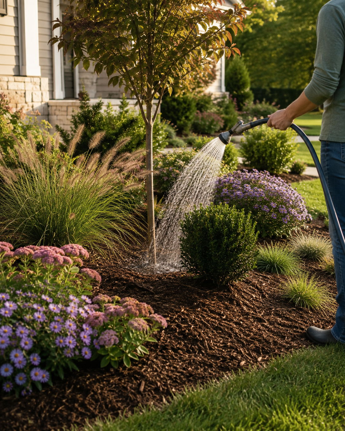 Gardener deeply watering a newly planted and mulched garden bed with a young tree, shrubs, asters and ornamental grasses.