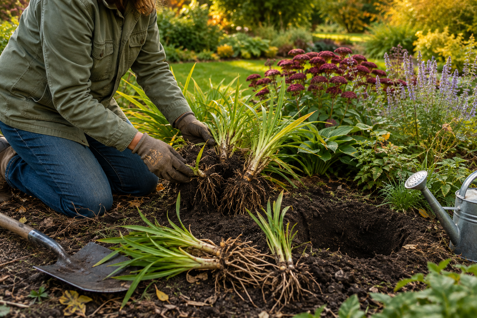 Dividing and transplanting perennials in a Zone 5 fall garden.