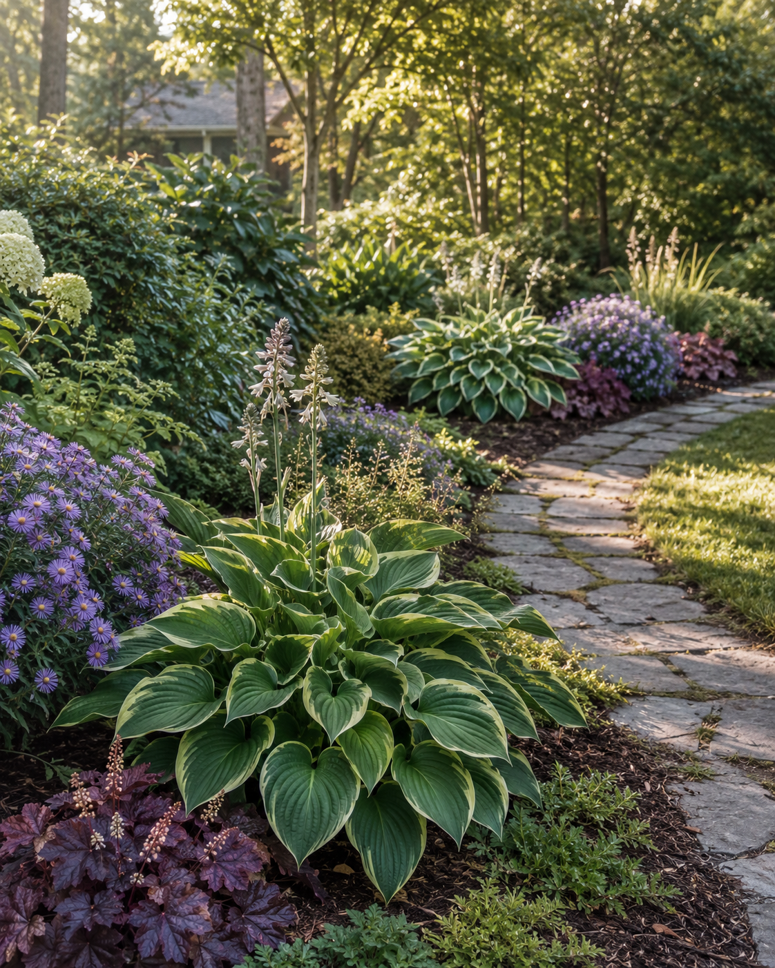 Hostas, asters and coral bells repeated along a shaded Zone 5 garden path.