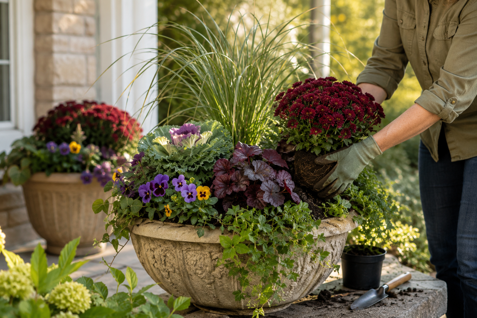 Fall container refresh with mums, pansies and ornamental kale.
