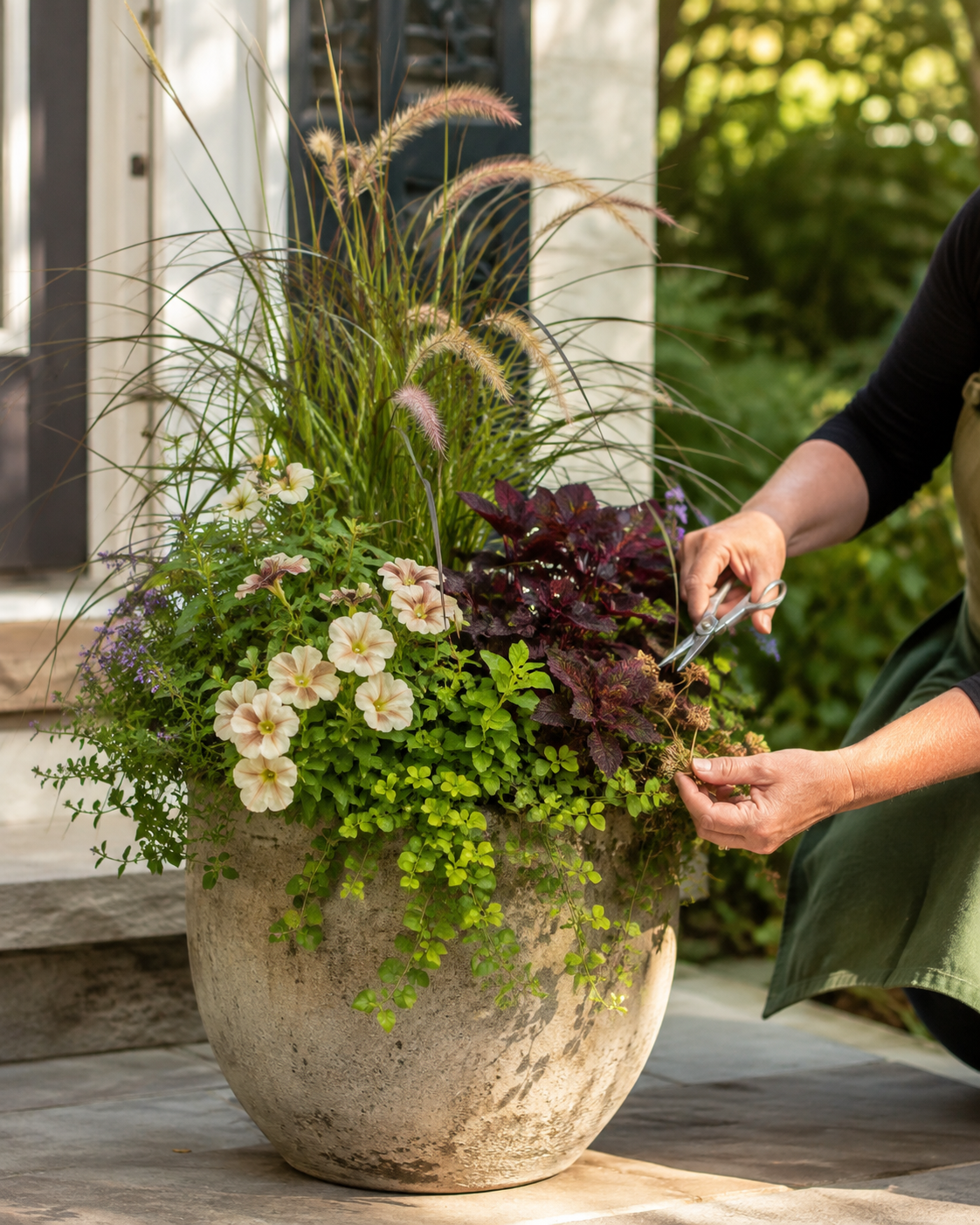 Gardener trimming faded flowers from a healthy late-summer container with ornamental grass and trailing foliage.