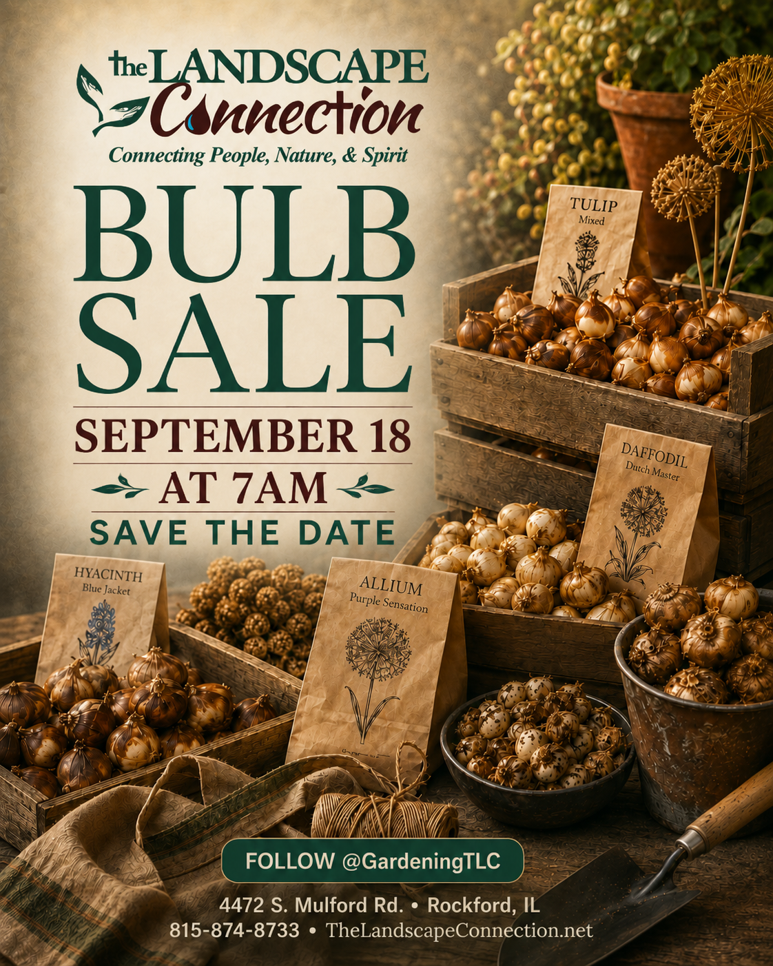The Landscape Connection You-Pick Experience calendar showing Tuesday evening dates, weekly flower and garden activities, pricing and event details in Rockford, Illinois.