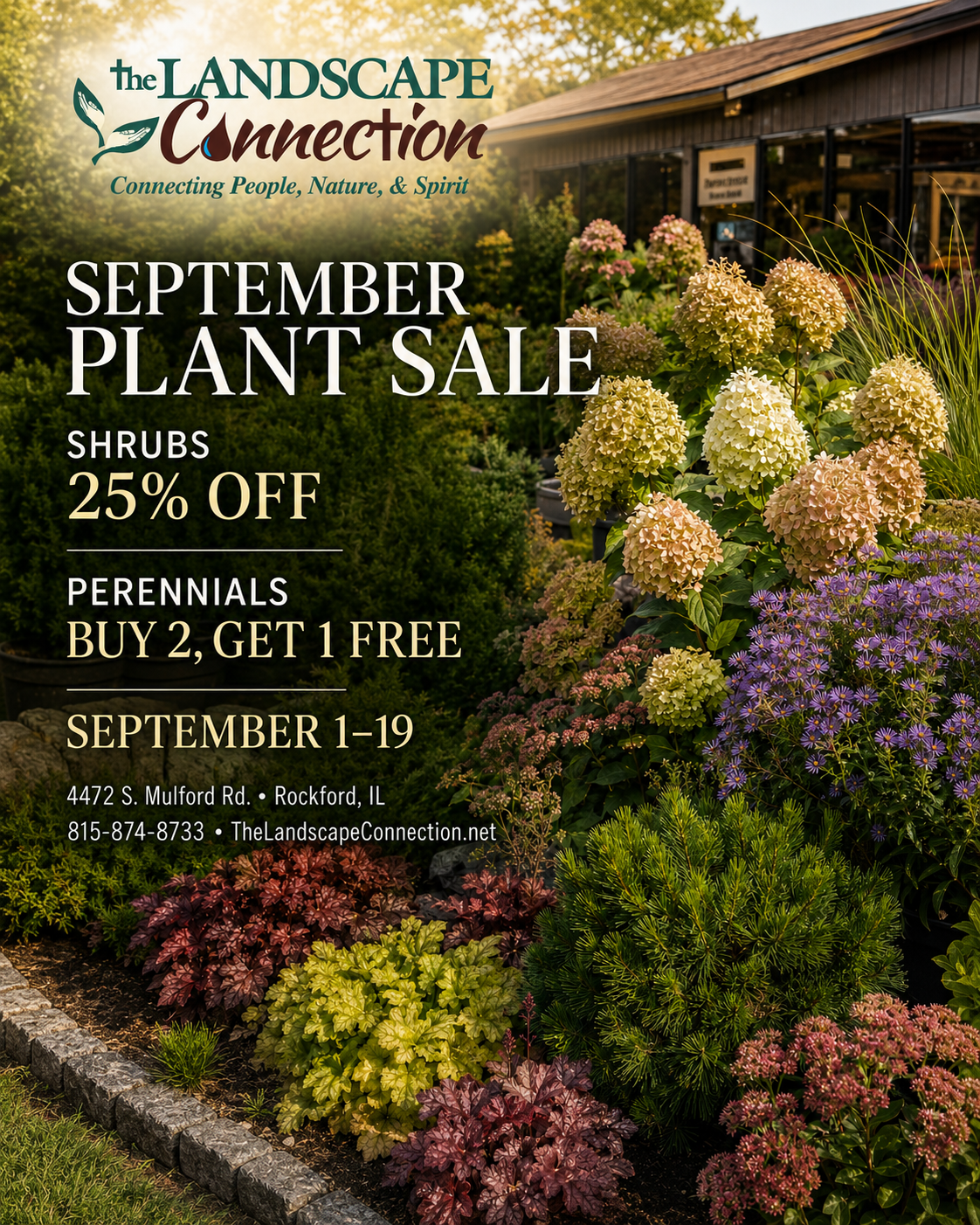 The Landscape Connection September Plant Sale in Rockford, IL, featuring 25% off shrubs and buy two, get one free perennials September 1–19.