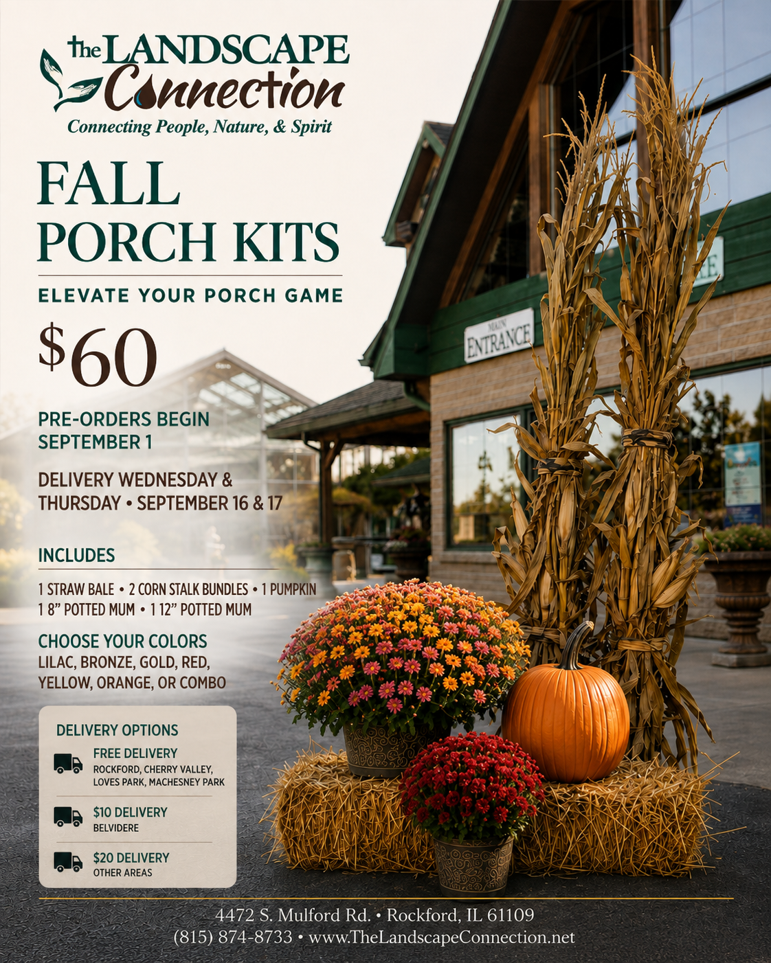 The Landscape Connection Fall Porch Kits in Rockford, IL, featuring mums, pumpkins, corn stalk bundles and a straw bale for an easy seasonal porch display.