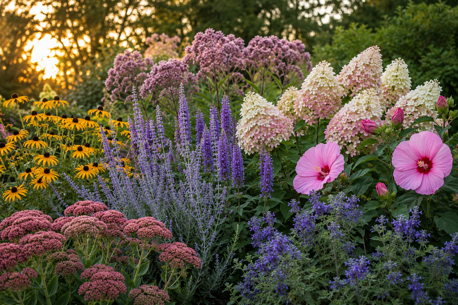 Late-summer Zone 5 garden filled with Black-eyed Susan, sedum, hydrangeas, hibiscus, purple blooms