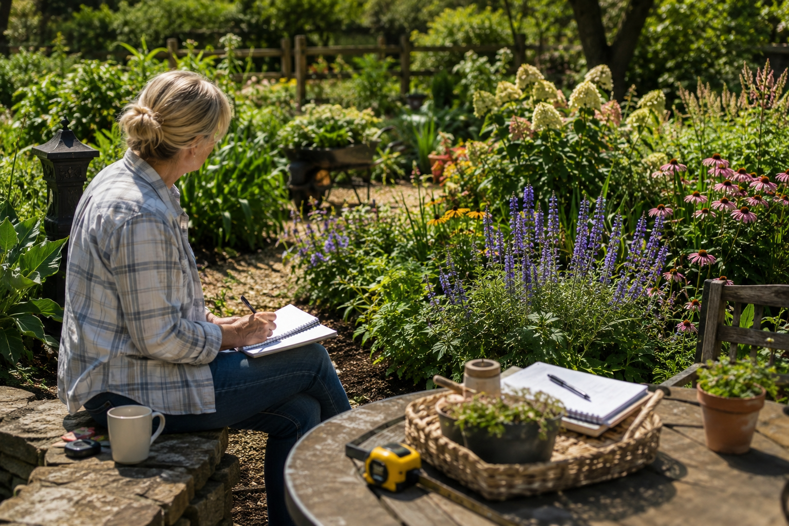Gardener takes notes in an August garden to plan fall color, fill empty spaces, choose future plants
