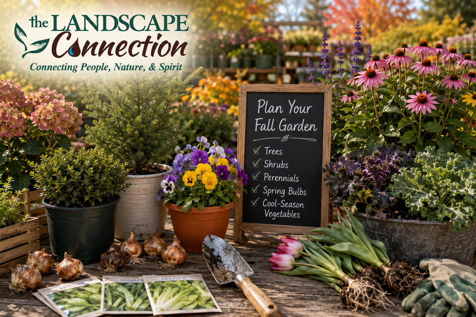Fall garden plan with trees, shrubs, perennials, bulbs and cool-season vegetables.