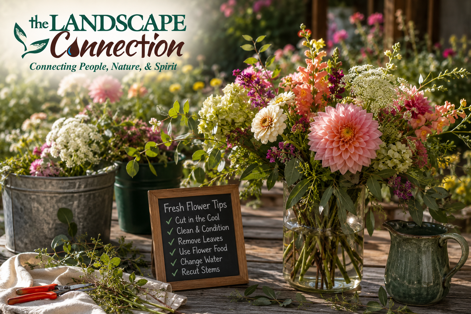 Fresh-cut garden bouquet beside flower care tips, snips and a watering pitcher.