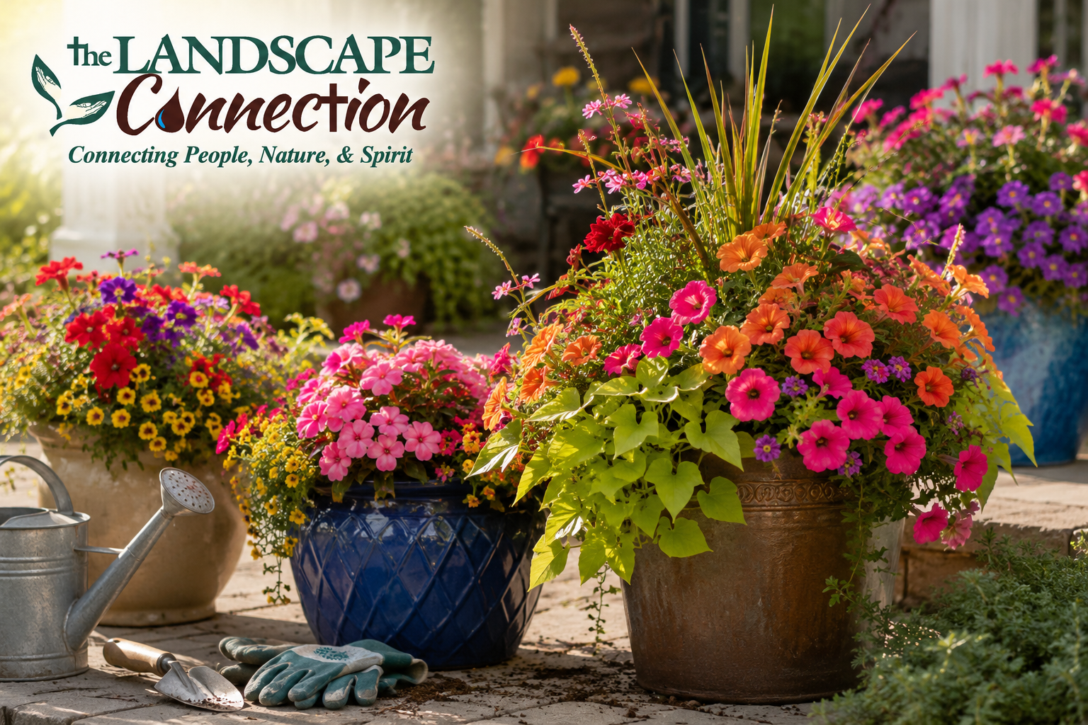 Colorful annual containers refreshed for more late-summer beauty in an August garden.