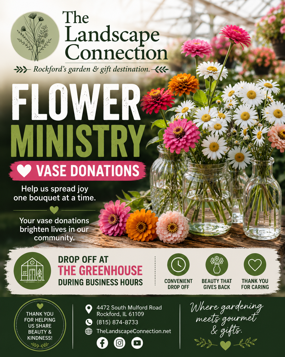 Flower ministry vase donations poster with flowers in glass vases and a hand holding blooms outdoors
