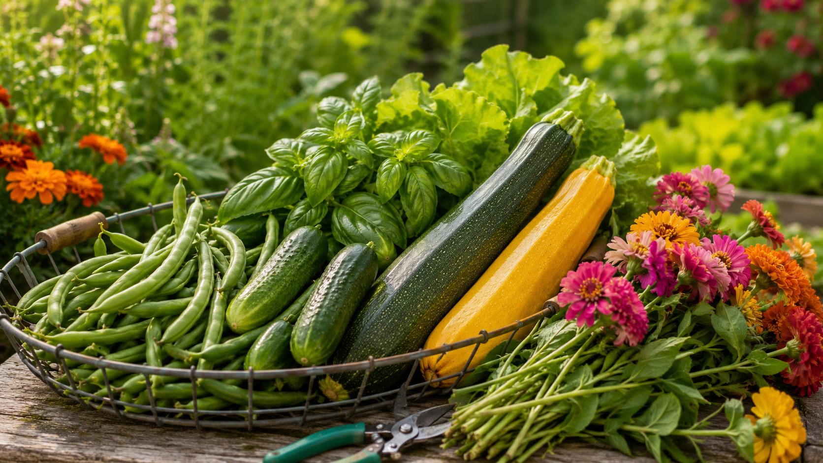 Fresh-picked vegetables, basil, and colorful cut flowers harvested from a thriving summer garden in 