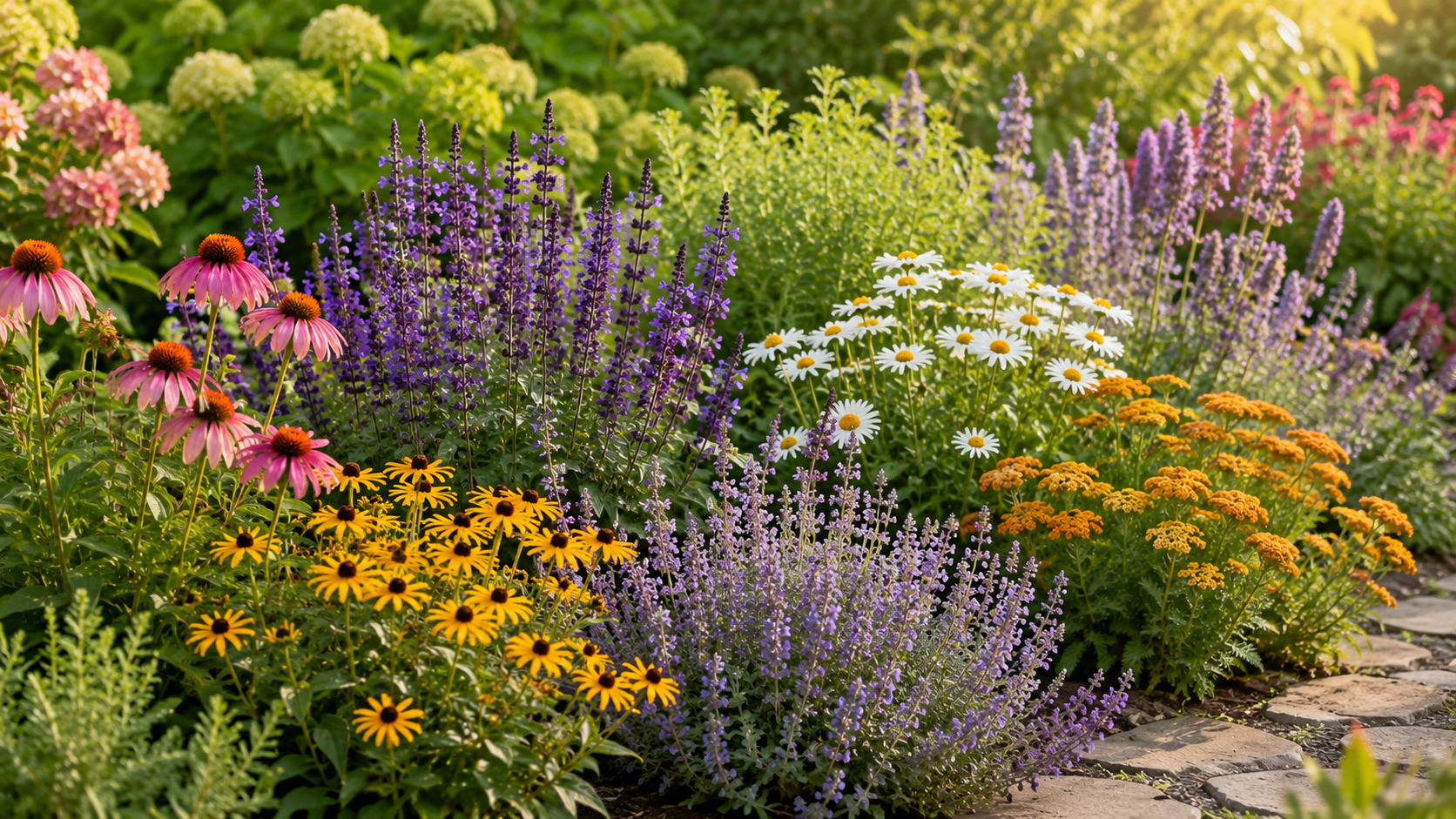 Colorful summer perennial garden featuring coneflowers, salvia, Shasta daisies, yarrow, and black-ey