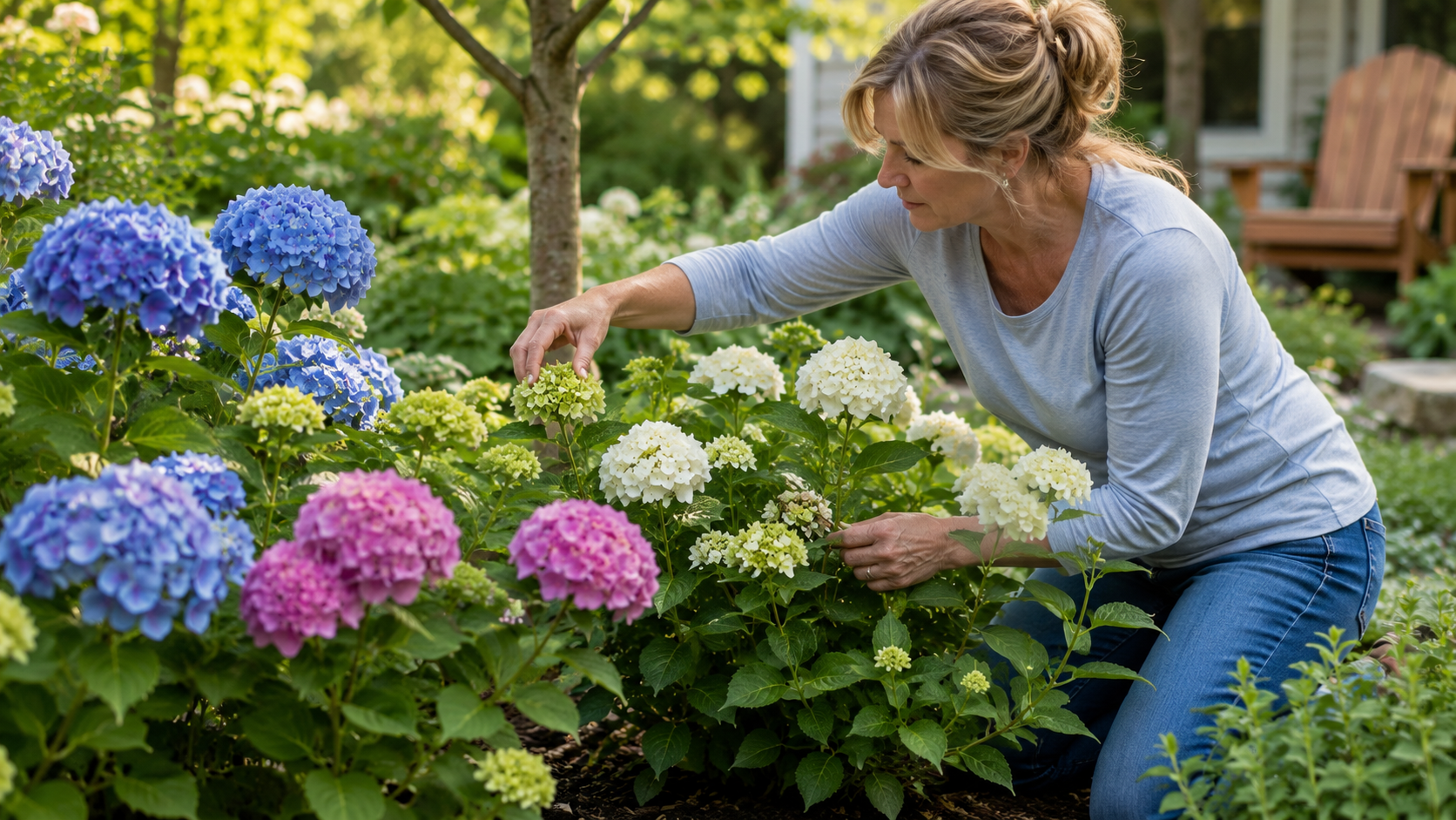 Gardener examining blooming blue, pink, and white hydrangeas in a sunny landscape garden.