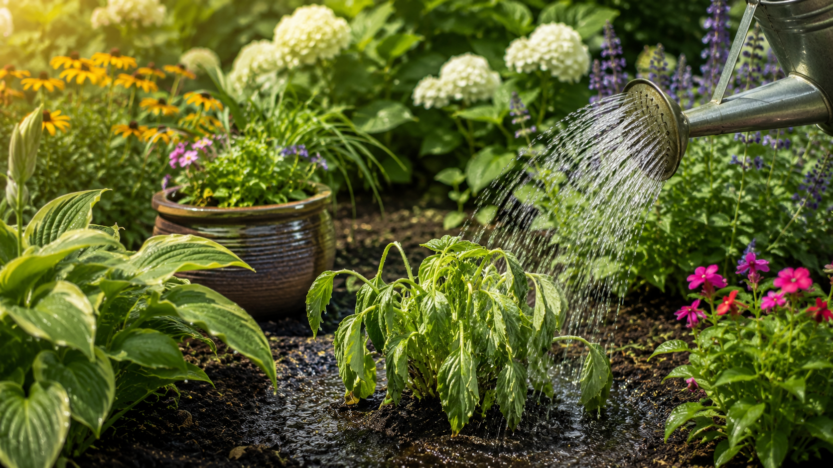 Wilting garden plant being watered deeply during summer heat beside healthy flowers and landscape pl