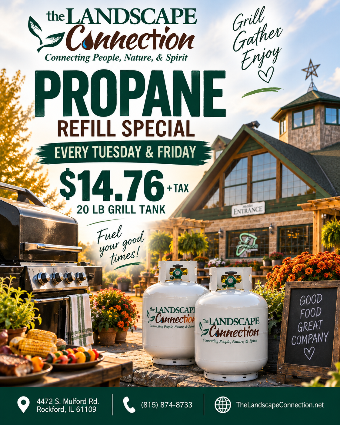 The Landscape Connection propane refill special in Rockford, IL, offering convenient grill tank refills for backyard cooking, camping and outdoor entertaining.