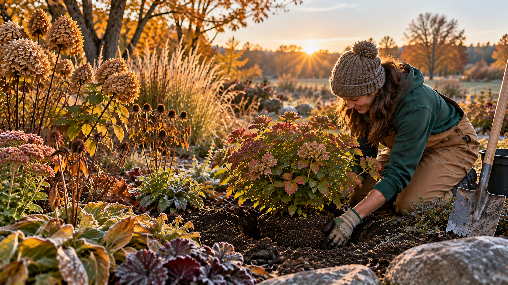 Fall planting in a Zone 5 garden with a woman planting a shrub after frost.