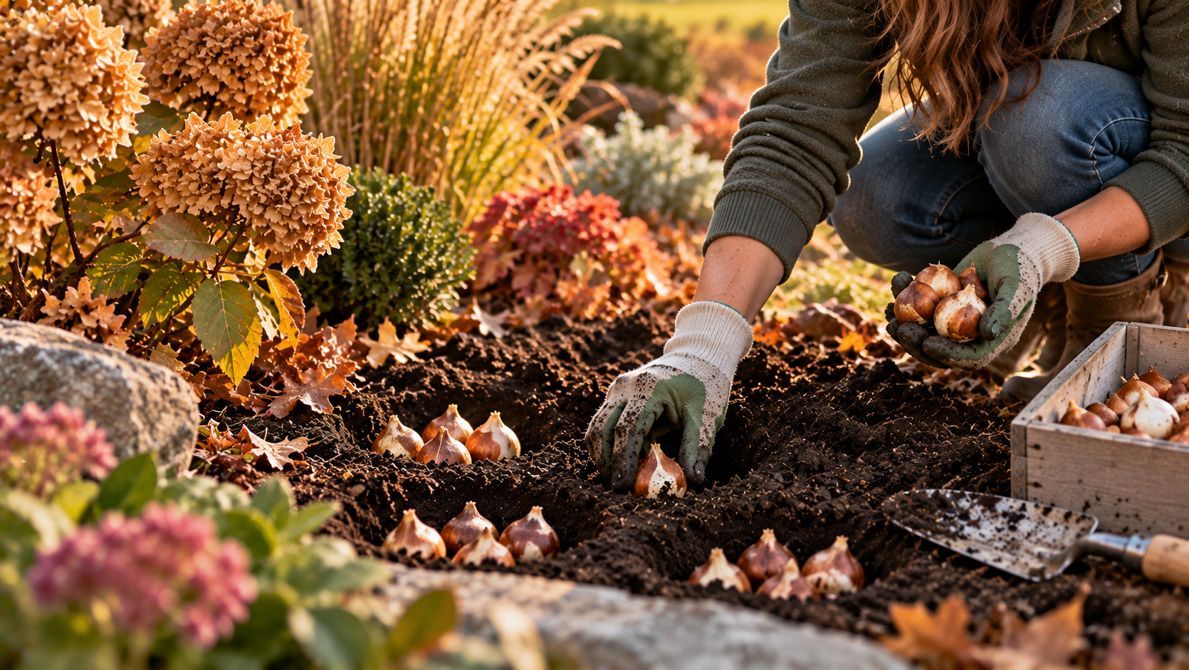Planting spring-flowering bulbs in groups in a Zone 5 garden during fall.