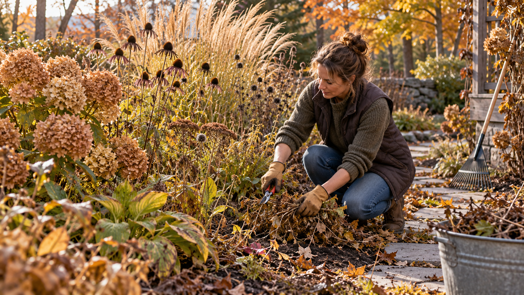 Fall garden cleanup with a woman trimming plants and leaving seed heads and grasses standing.