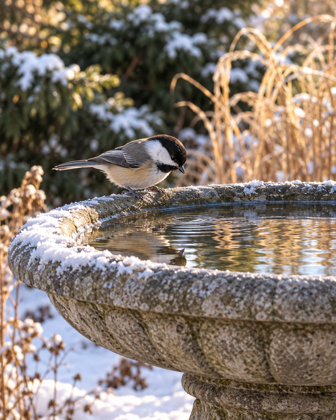 Black-capped chickadee on a snow-dusted birdbath with water and evergreen shelter in the background
