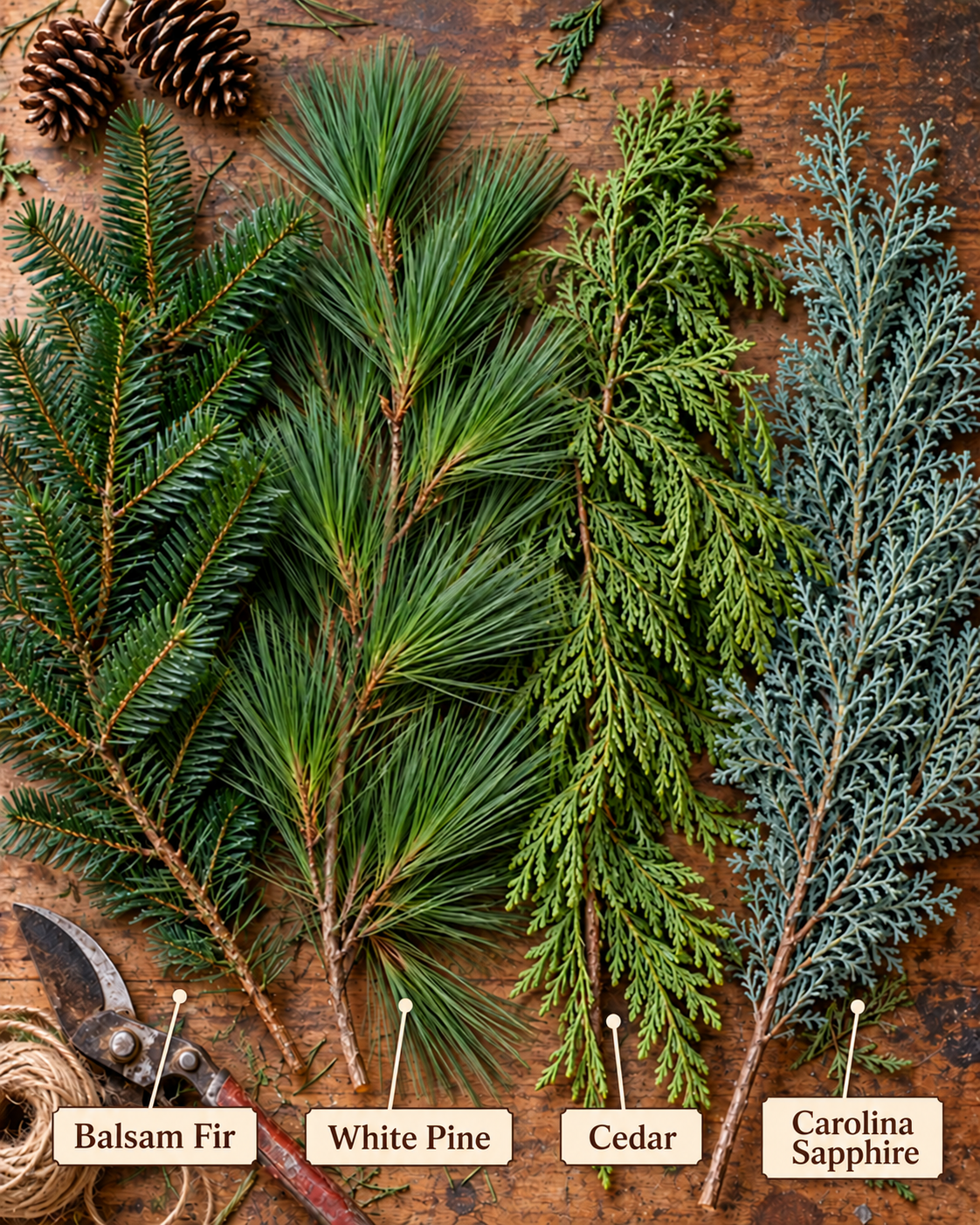 Four evergreen branches on a wooden worktable, labeled left to right: Balsam Fir, White Pine, Cedar and Carolina Sapphire.