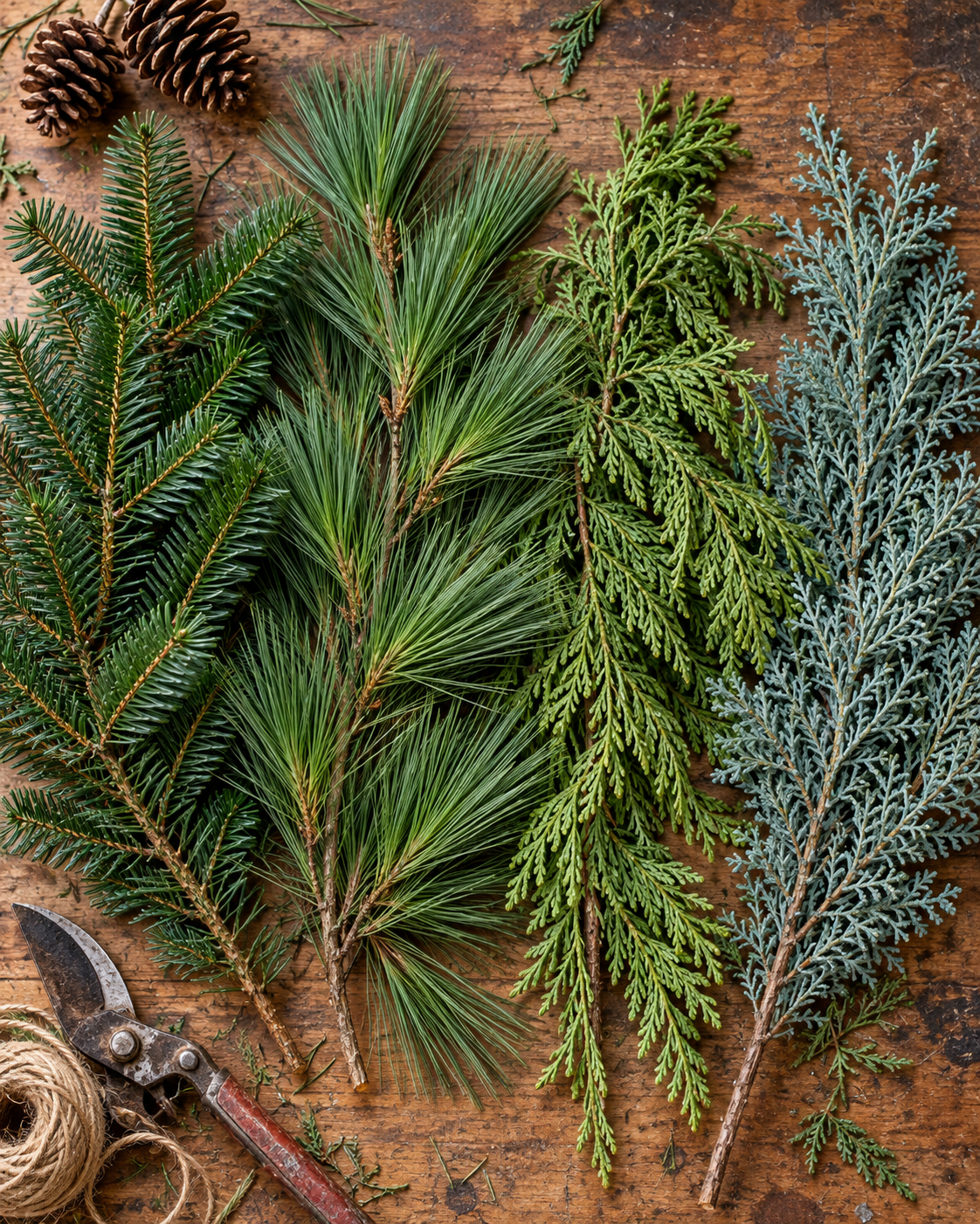 Evergreen branches on a wooden table: Balsam Fir, White Pine, Cedar, and Carolina Sapphire