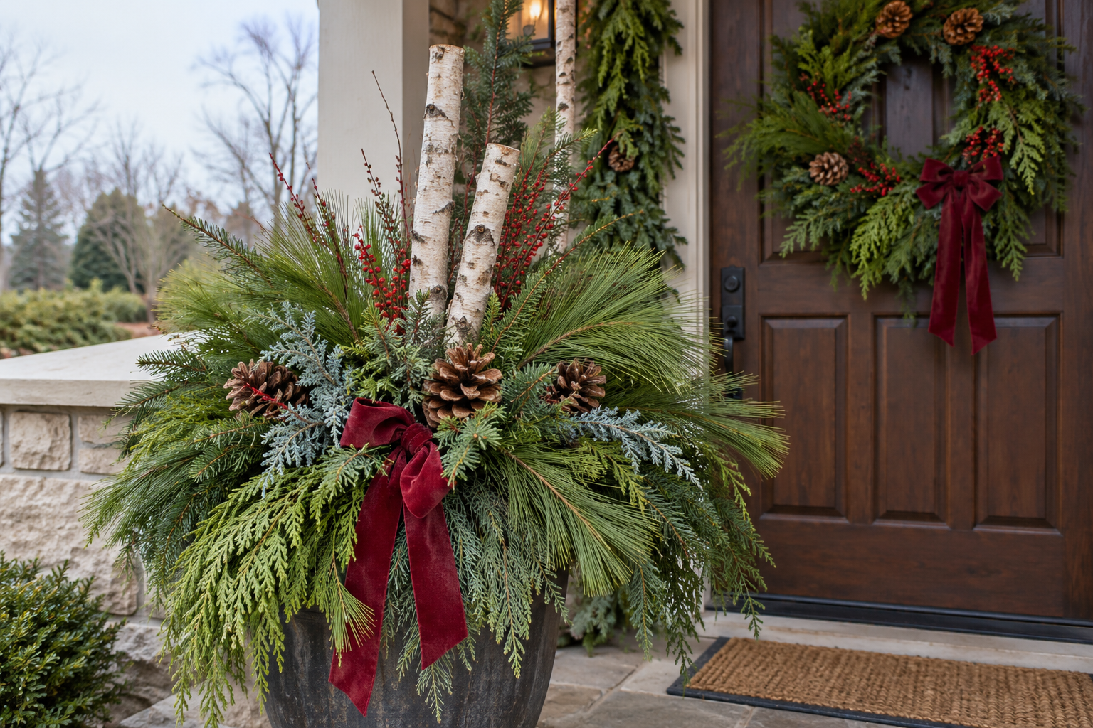 Fresh evergreen porch pot with birch branches, pinecones and burgundy ribbon beside a front door decorated with a matching wreath and garland.