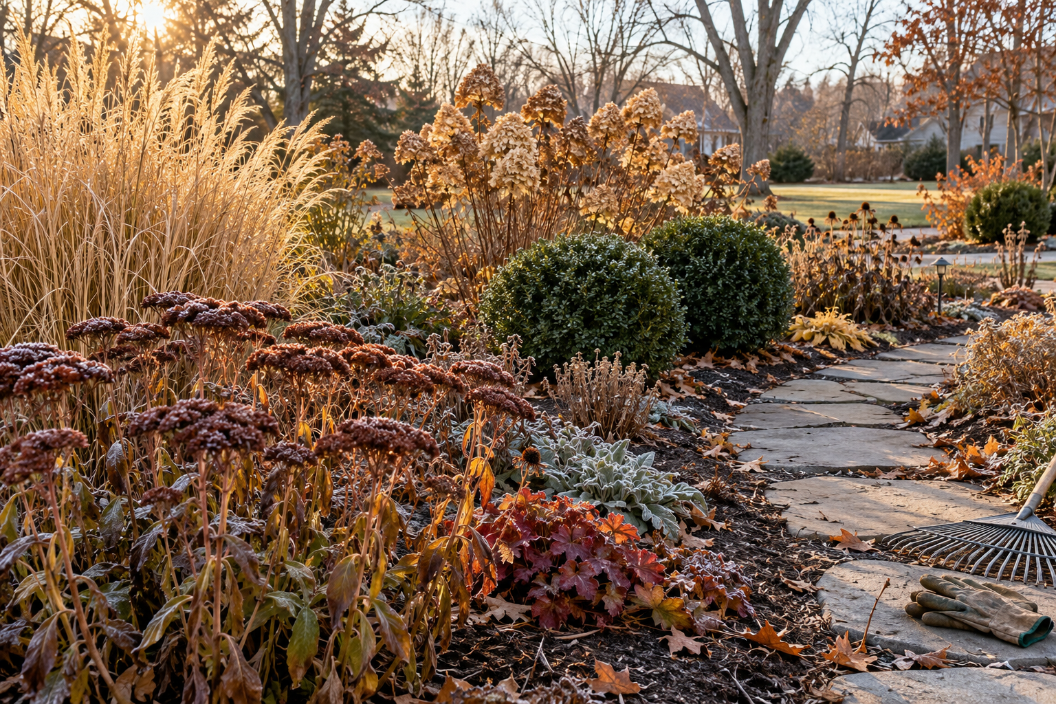 Fall garden with sedum, grasses, dried hydrangeas and boxwoods for winter interest.