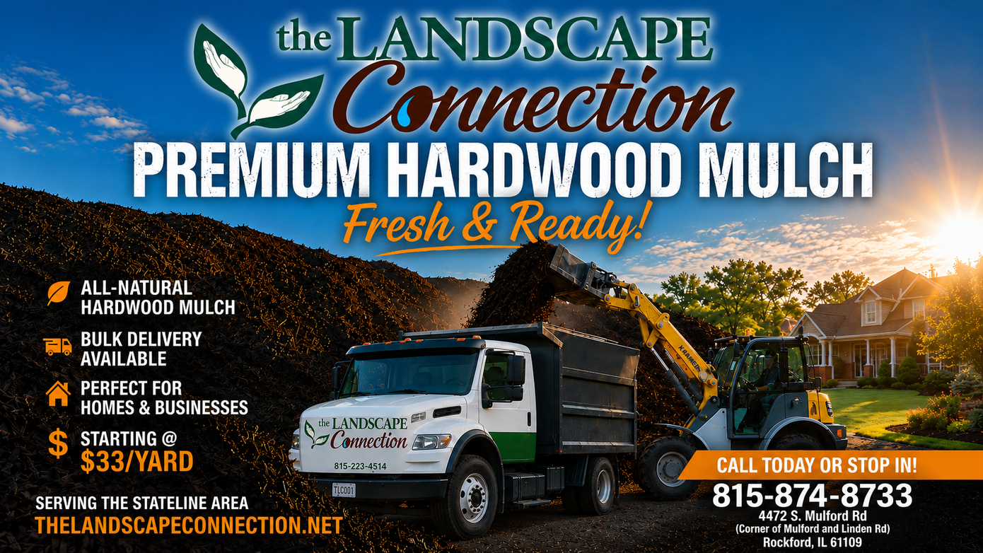 The Landscape Connection premium hardwood mulch ad with dump truck and contact info.