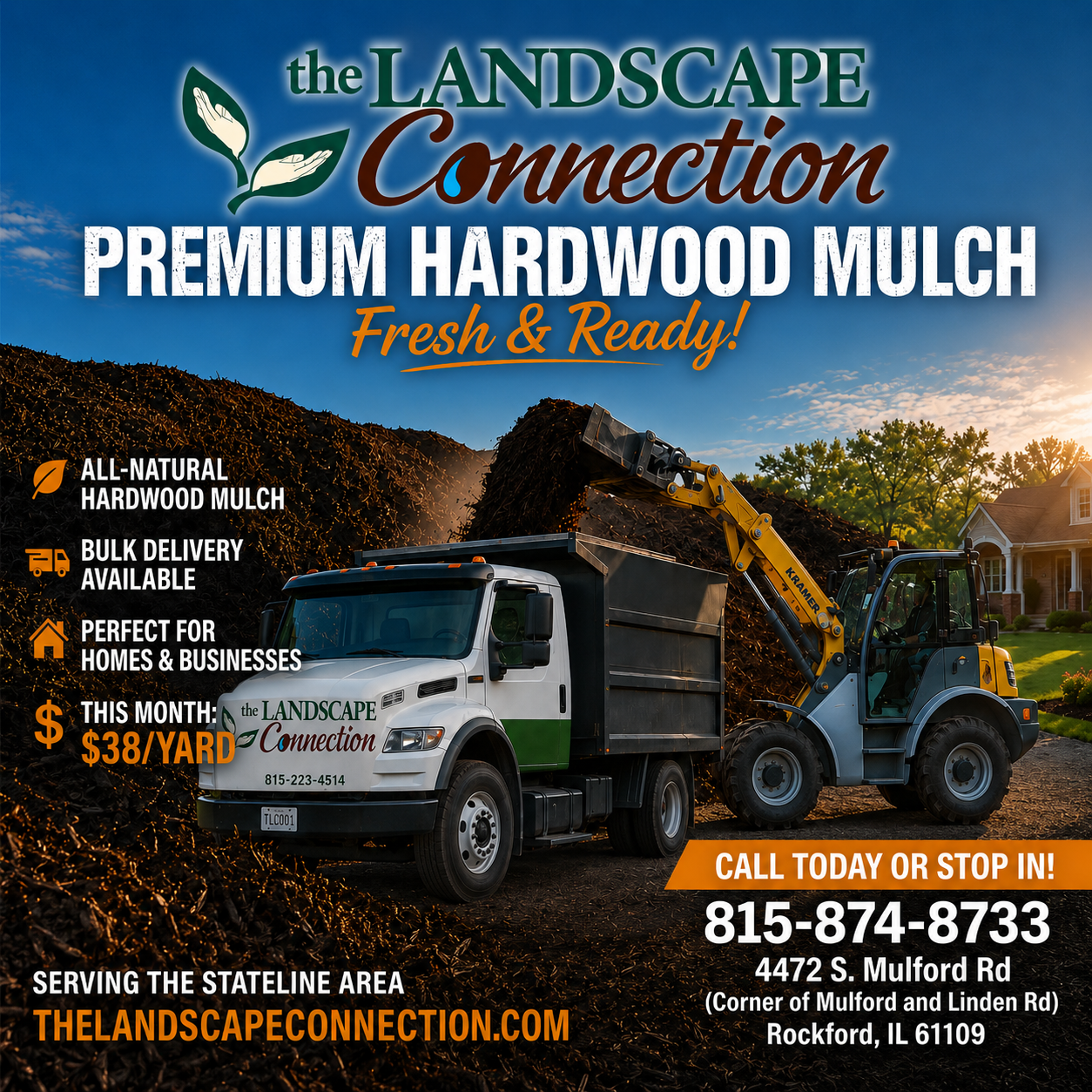 Landscaping ad for premium hardwood mulch with truck, loader, and contact info on blue sky background