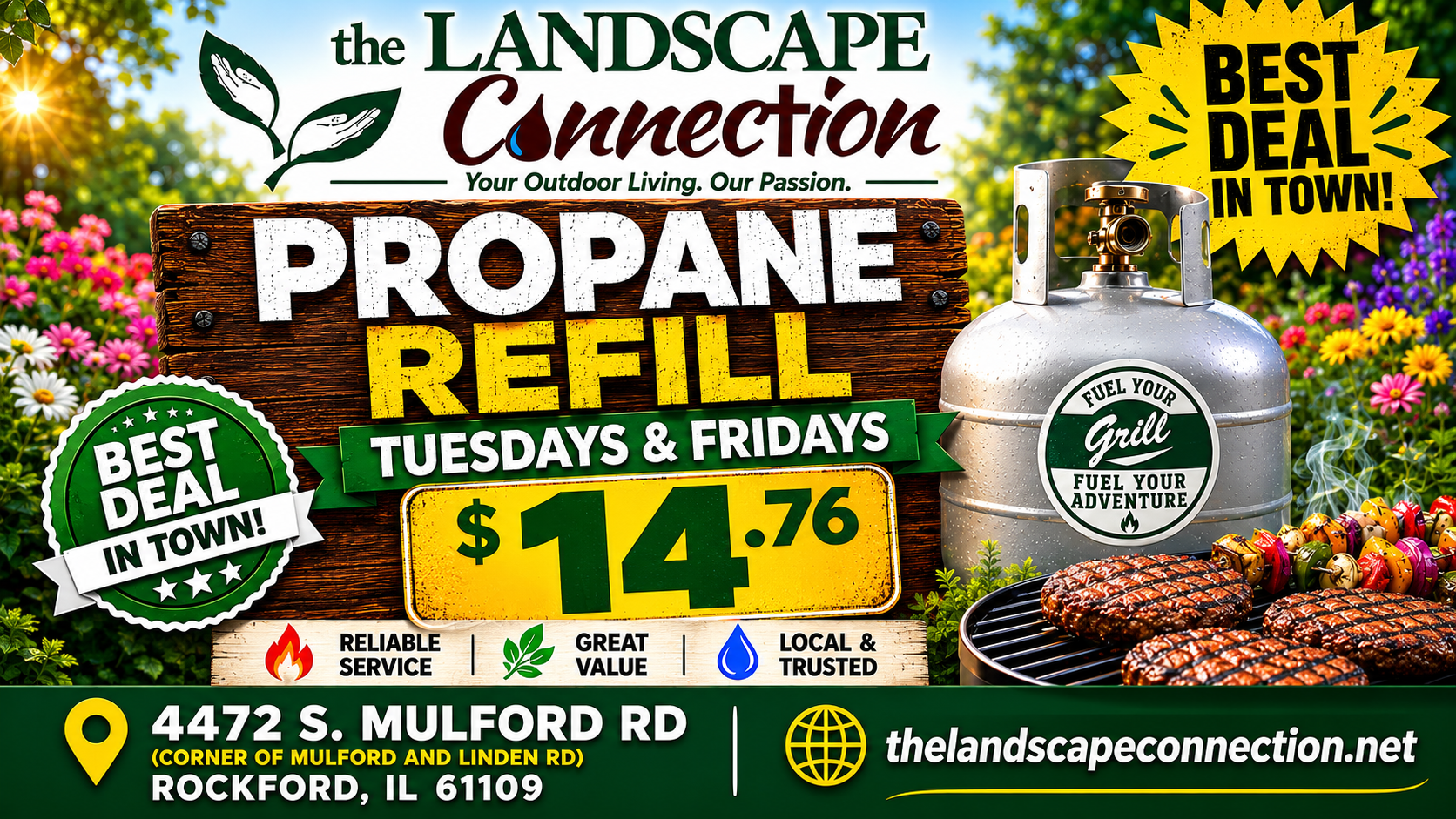 Propane refill service. Available Tuesdays and Fridays at The Landscape Connection in Mulford, IL.