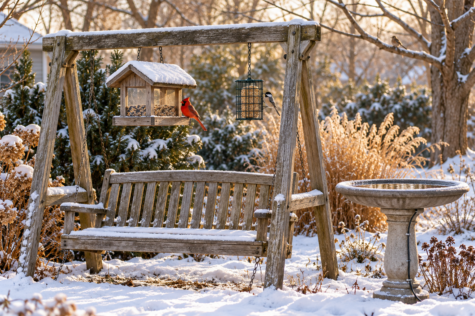 Garden swing with hanging bird feeders, a cardinal and chickadee beside a birdbath in a snowy winter garden.