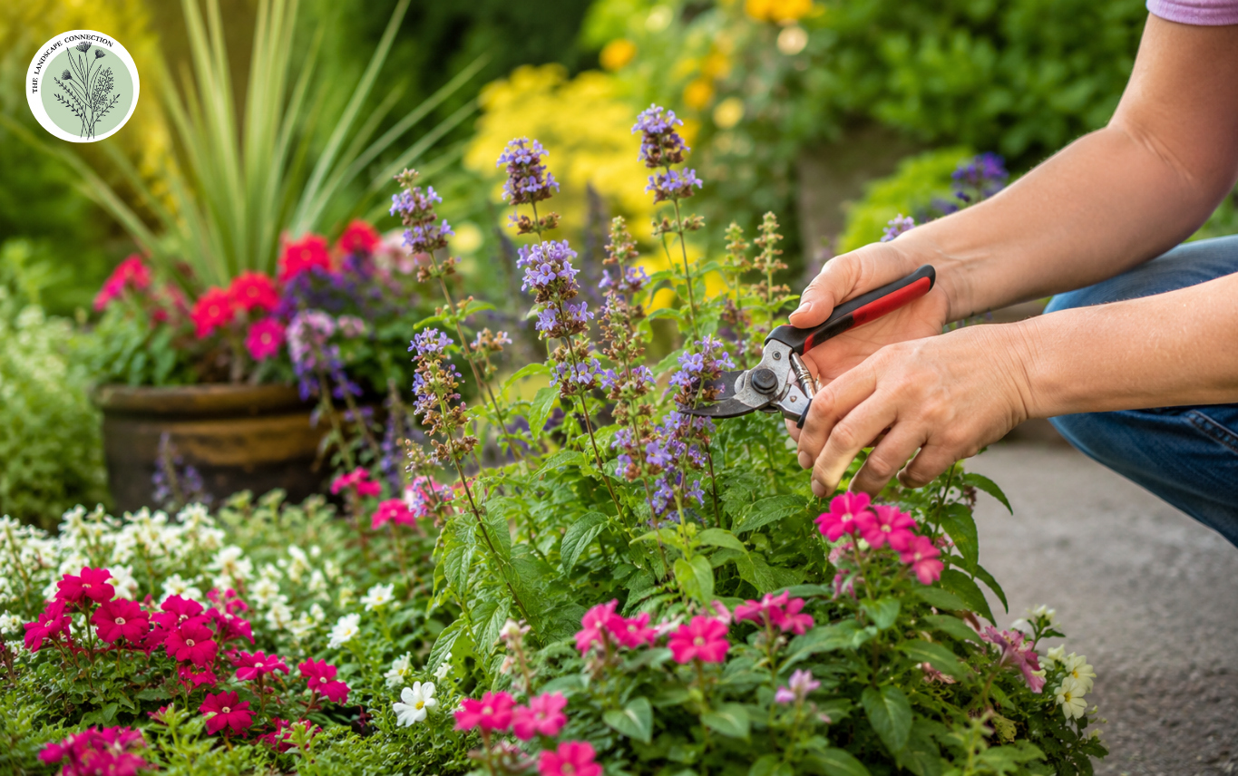 Gardener deadheading colorful summer flowers to encourage healthy growth and blooms throughout July 