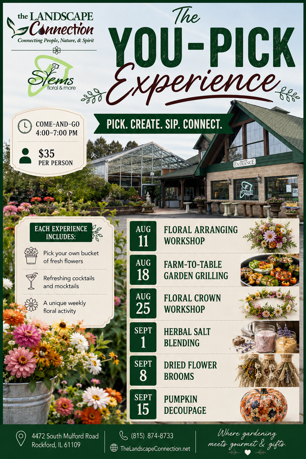 The Landscape Connection Labor Day hours announcement: closing at 3:00 PM Saturday, September 5, and closed Monday, September 7, with the Rockford garden center and greenhouse decorated in patriotic red, white and blue.