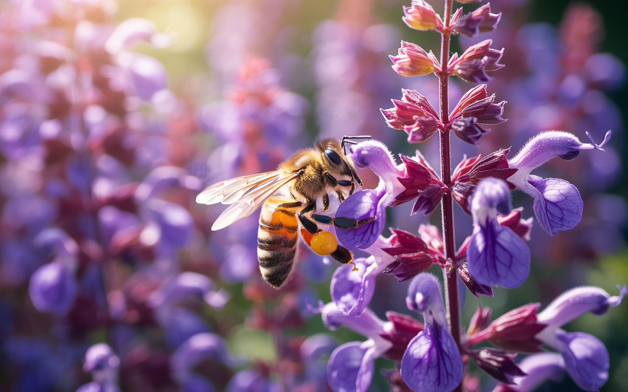 Honeybee collecting pollen from purple salvia flowers in a sunlit pollinator-friendly summer garden.