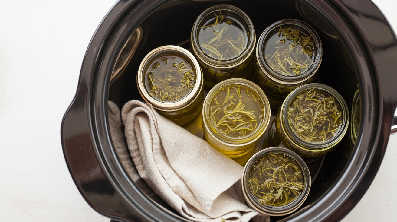 Crockpot herb oil infusion using dried herbs and olive oil in glass jars.