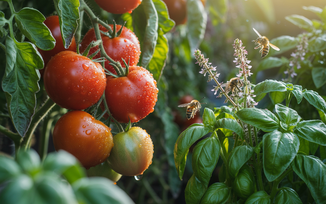 Ripe tomatoes and flowering basil attract pollinators in a companion-planted vegetable garden.