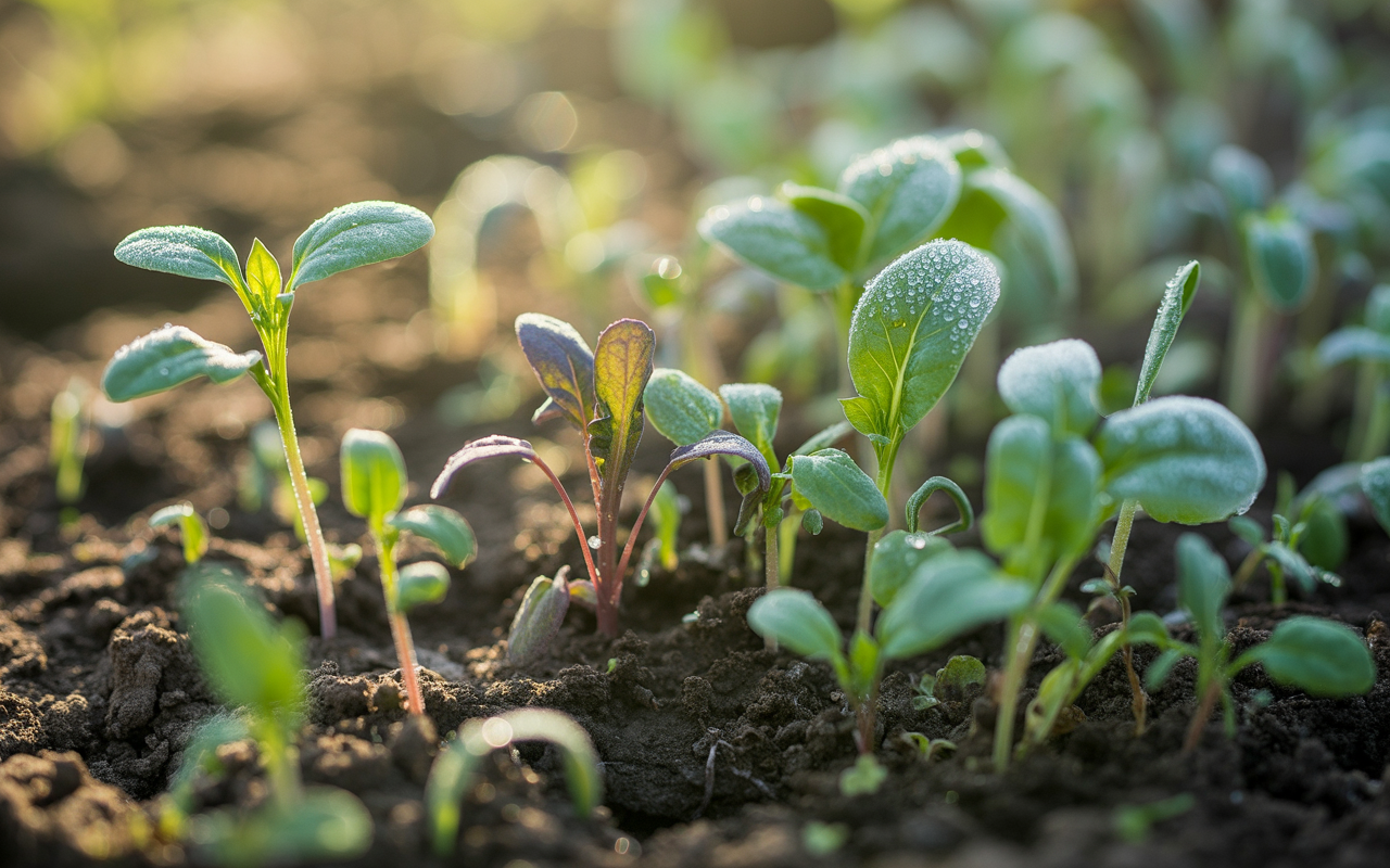 Cool-season seedlings like lettuce and beets emerging from soil in early spring garden