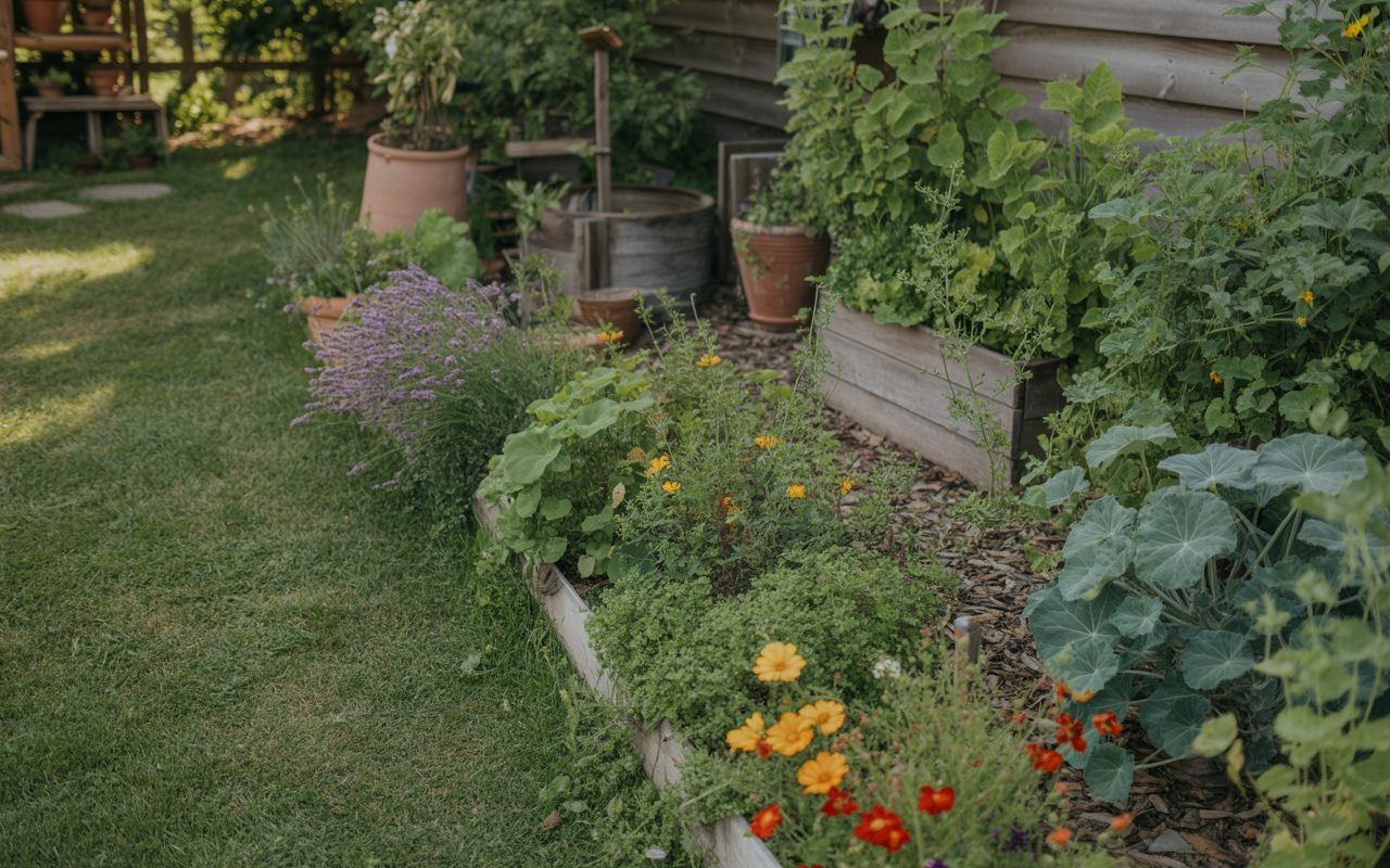 Healthy green lawn with mixed grass and clover in natural backyard setting