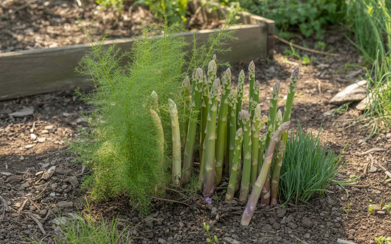 Asparagus spears emerging from soil in early spring garden bed